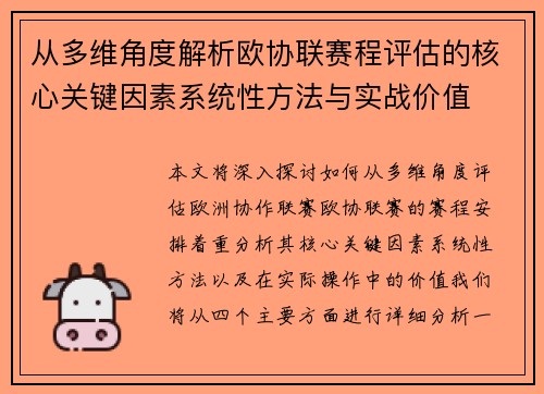 从多维角度解析欧协联赛程评估的核心关键因素系统性方法与实战价值