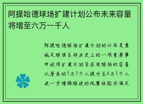 阿提哈德球场扩建计划公布未来容量将增至六万一千人